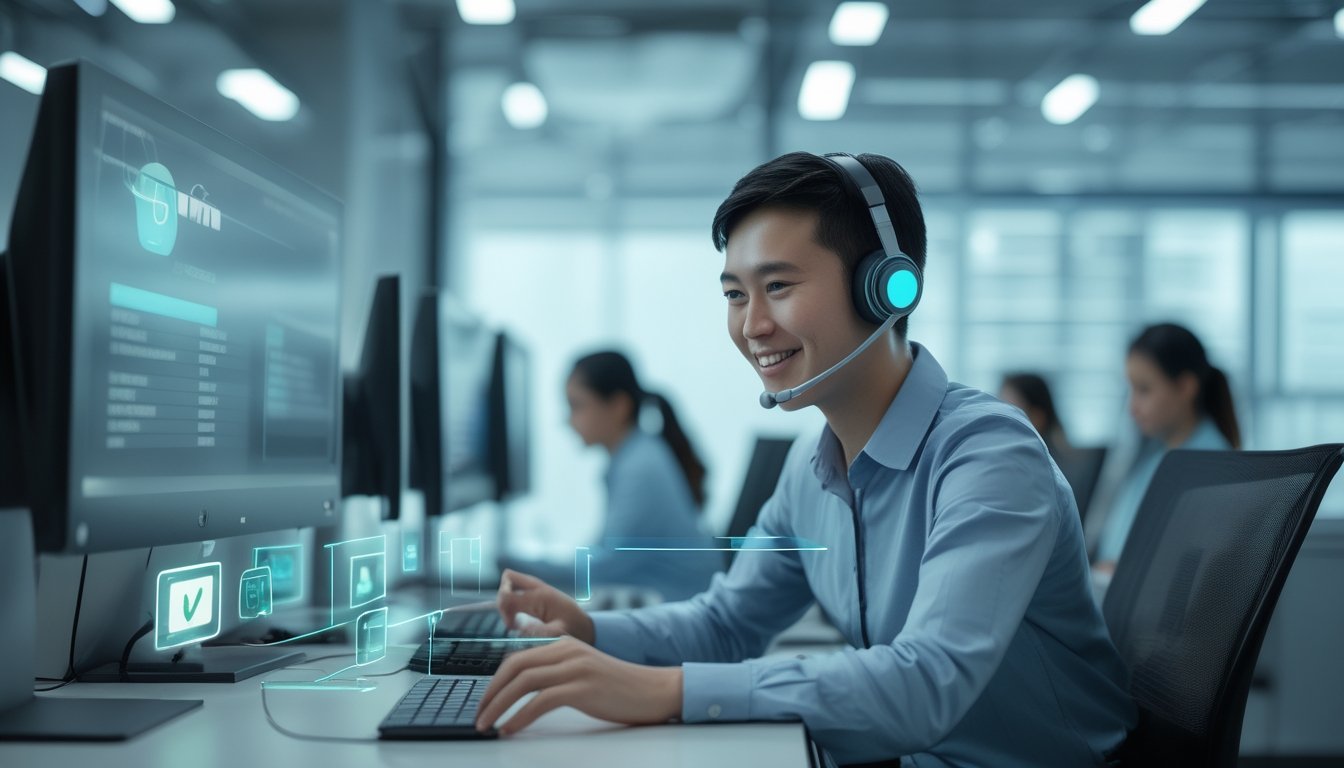 Petugas layanan pelanggan membantu pengguna melalui obrolan langsung di kantor modern selama 24 jam.