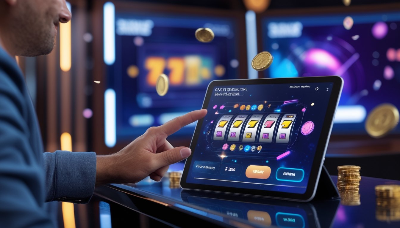 Orang dewasa memainkan permainan slot digital di tablet dalam lounge modern dengan efek cahaya dan koin berkilau.