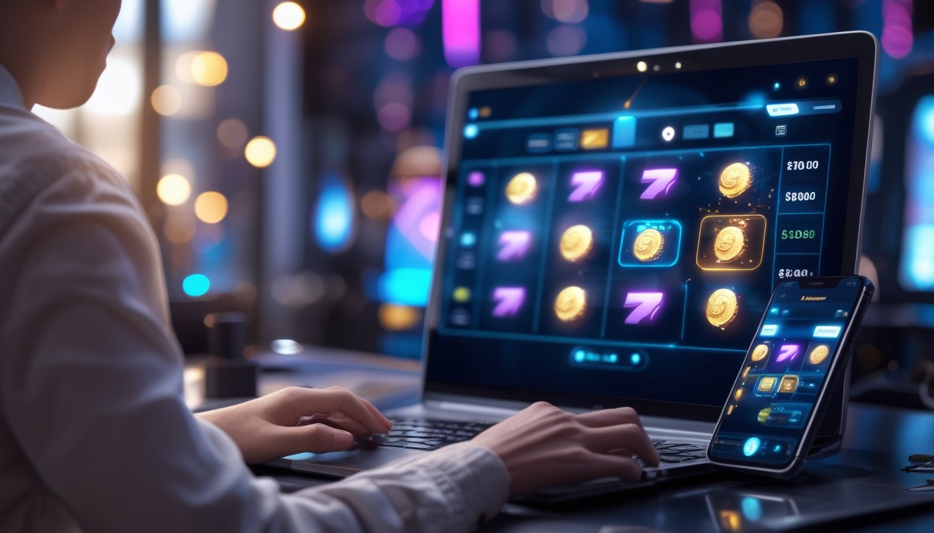 Seseorang menggunakan laptop dan ponsel dengan visual permainan slot abstrak serta simbol bonus putaran gratis.