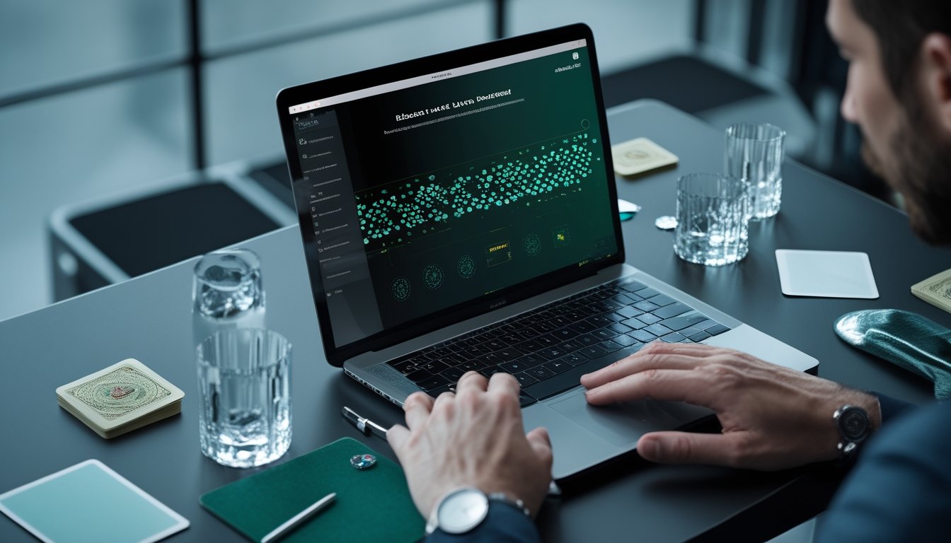 Seseorang menganalisis pola permainan baccarat di laptop dengan kartu dan catatan kosong di meja.
