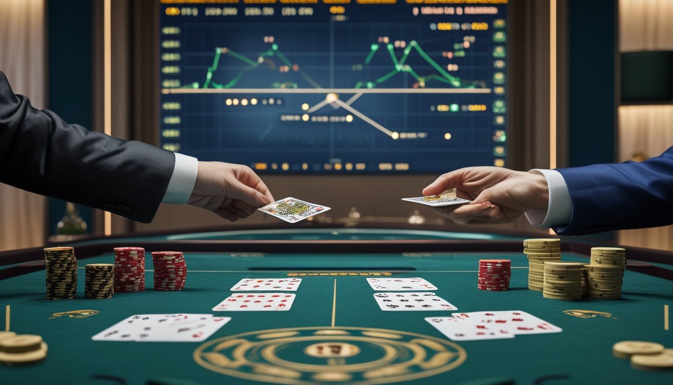 Meja baccarat dengan kartu, keping kasino, dan tampilan pola tren abstrak di latar belakang.