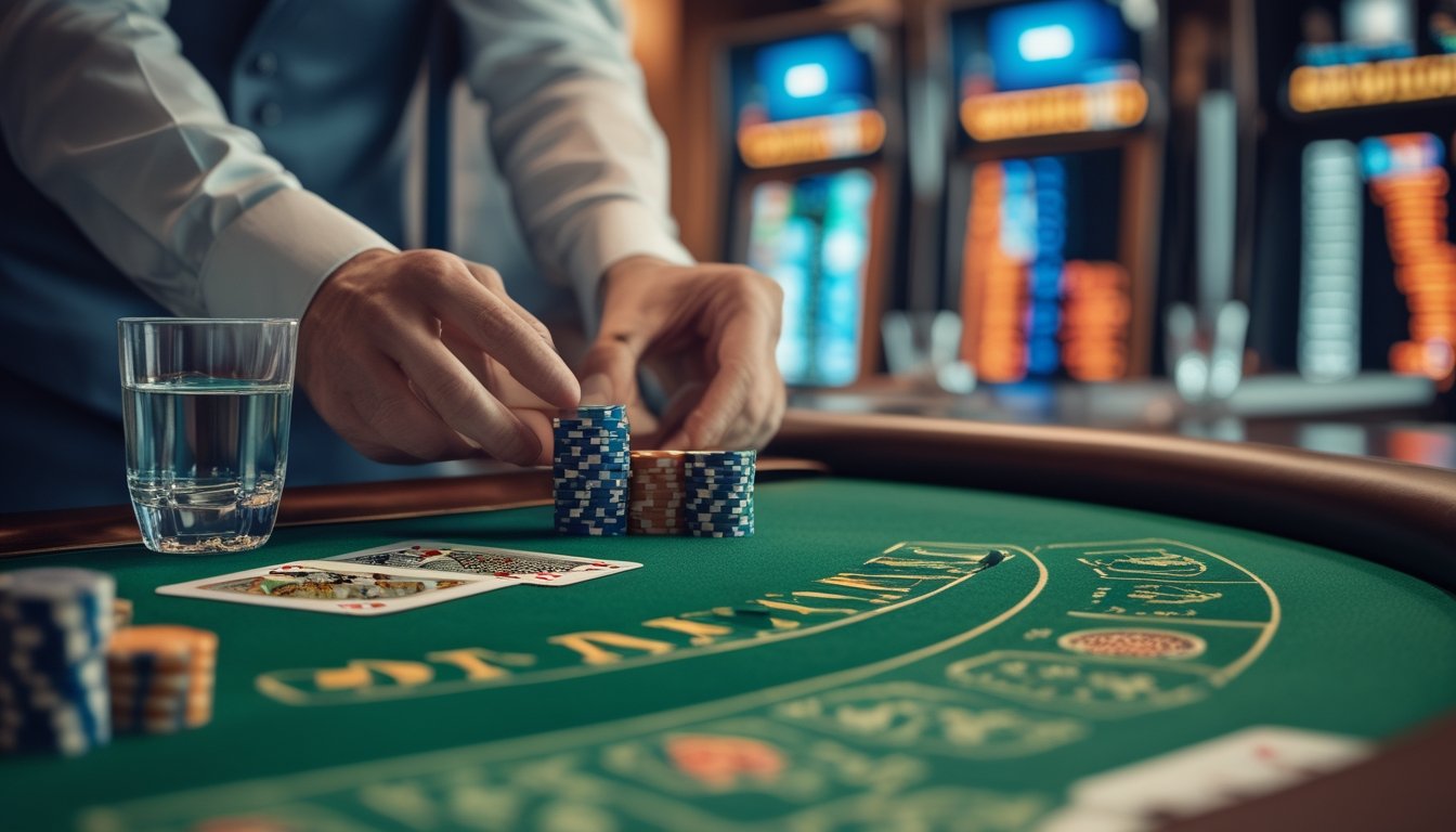 Meja baccarat dengan kartu, tumpukan chip kecil, dan perangkat digital di ruang permainan yang elegan.