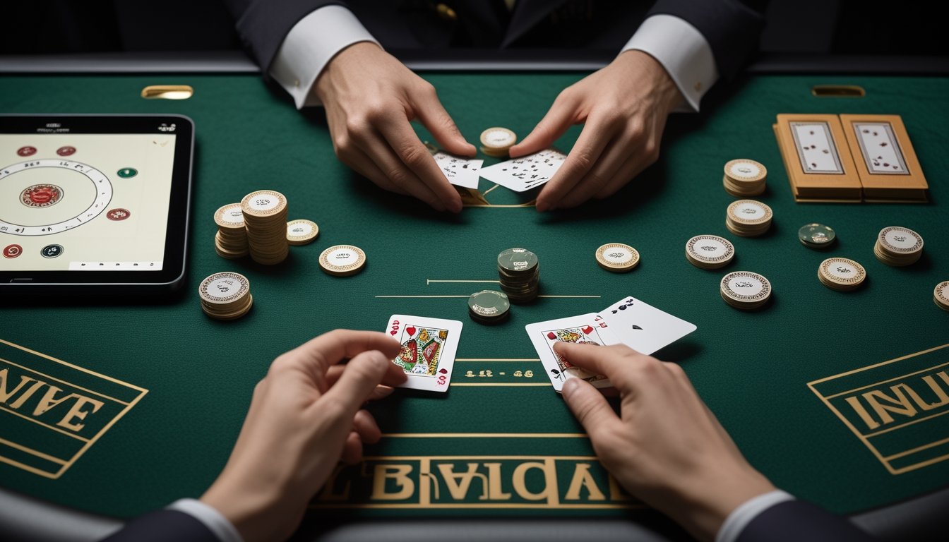 Meja baccarat dengan kartu, chip taruhan kecil, dan perangkat yang menampilkan antarmuka permainan.