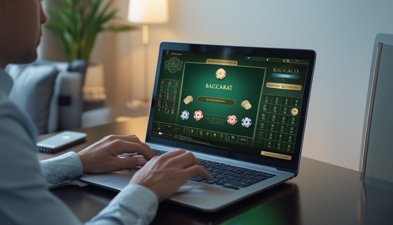 Orang dewasa menggunakan laptop untuk bermain baccarat online di ruang modern.