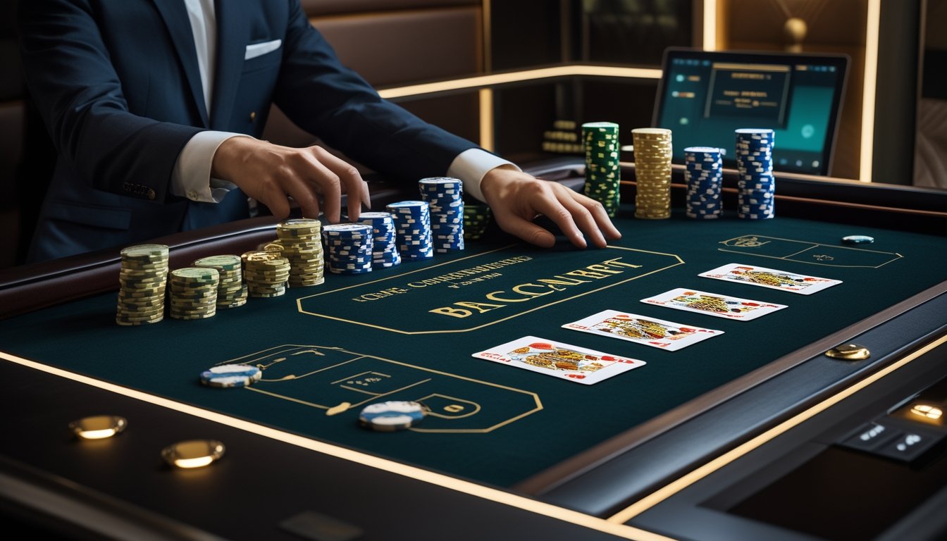 Meja baccarat dengan kartu, keping kasino, dan tangan dealer dalam suasana permainan online yang elegan.