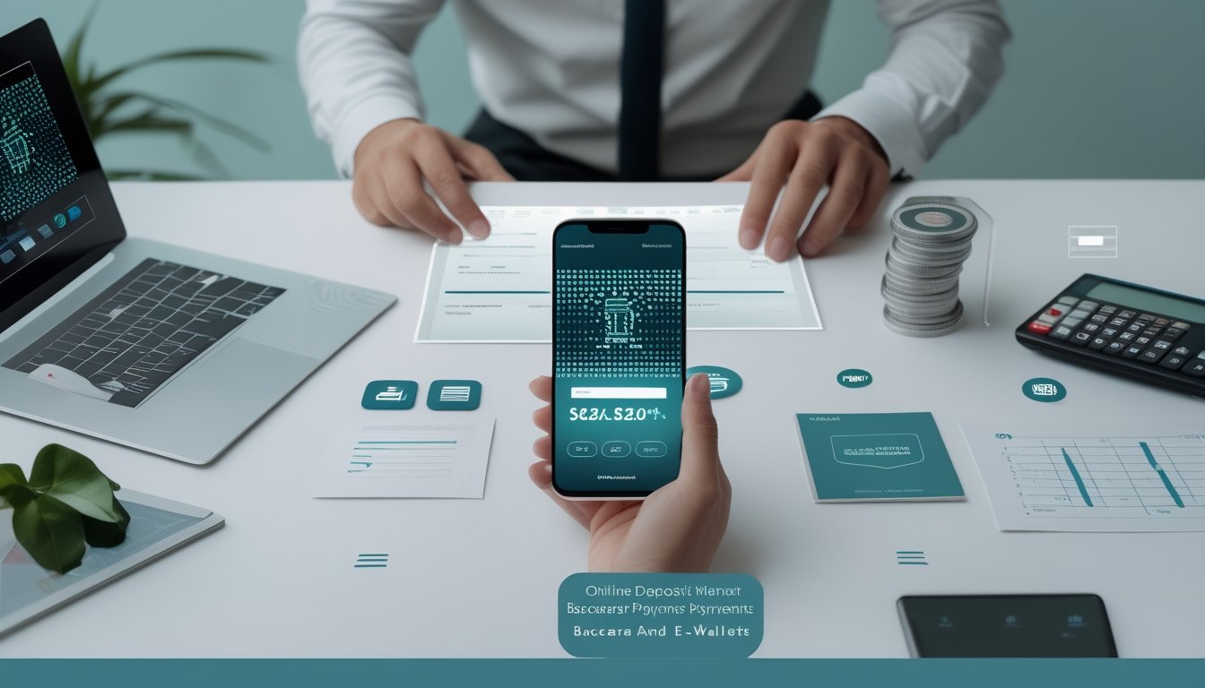 Seseorang meninjau pembayaran digital dan biaya transaksi melalui ponsel dan laptop di meja kerja.