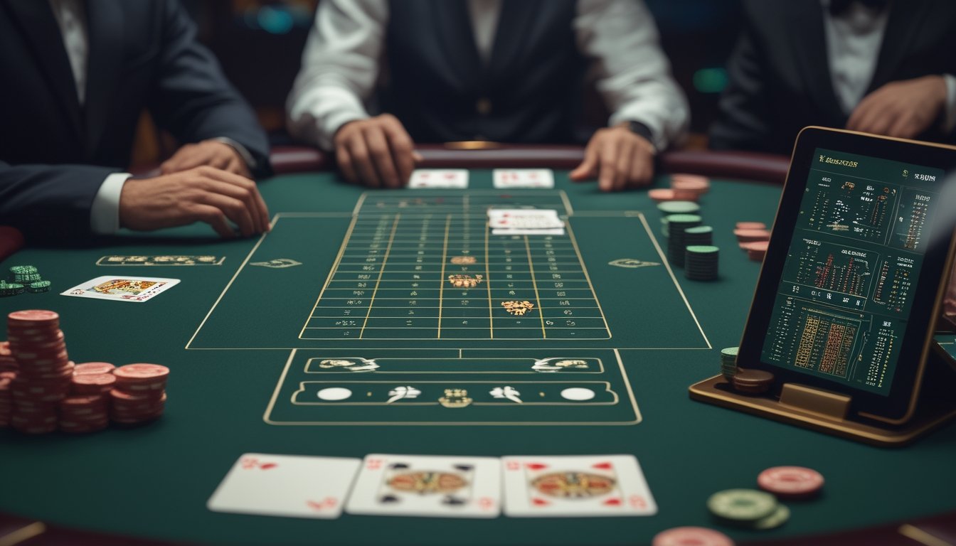 Seorang analis mengamati kartu banker, chip kasino, dan grafik peluang di meja baccarat.