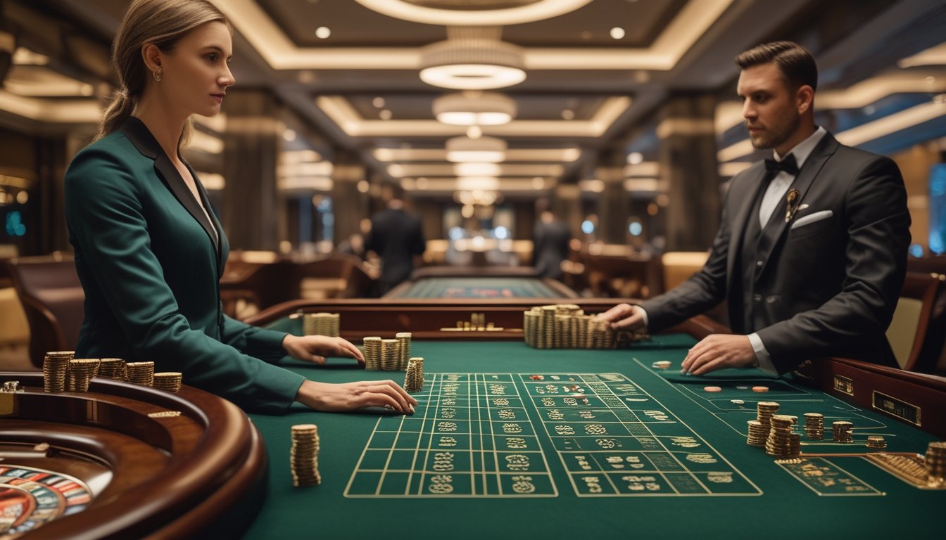 Pemain dan bandar berada di meja baccarat dengan kartu serta keping taruhan dalam suasana kasino elegan.