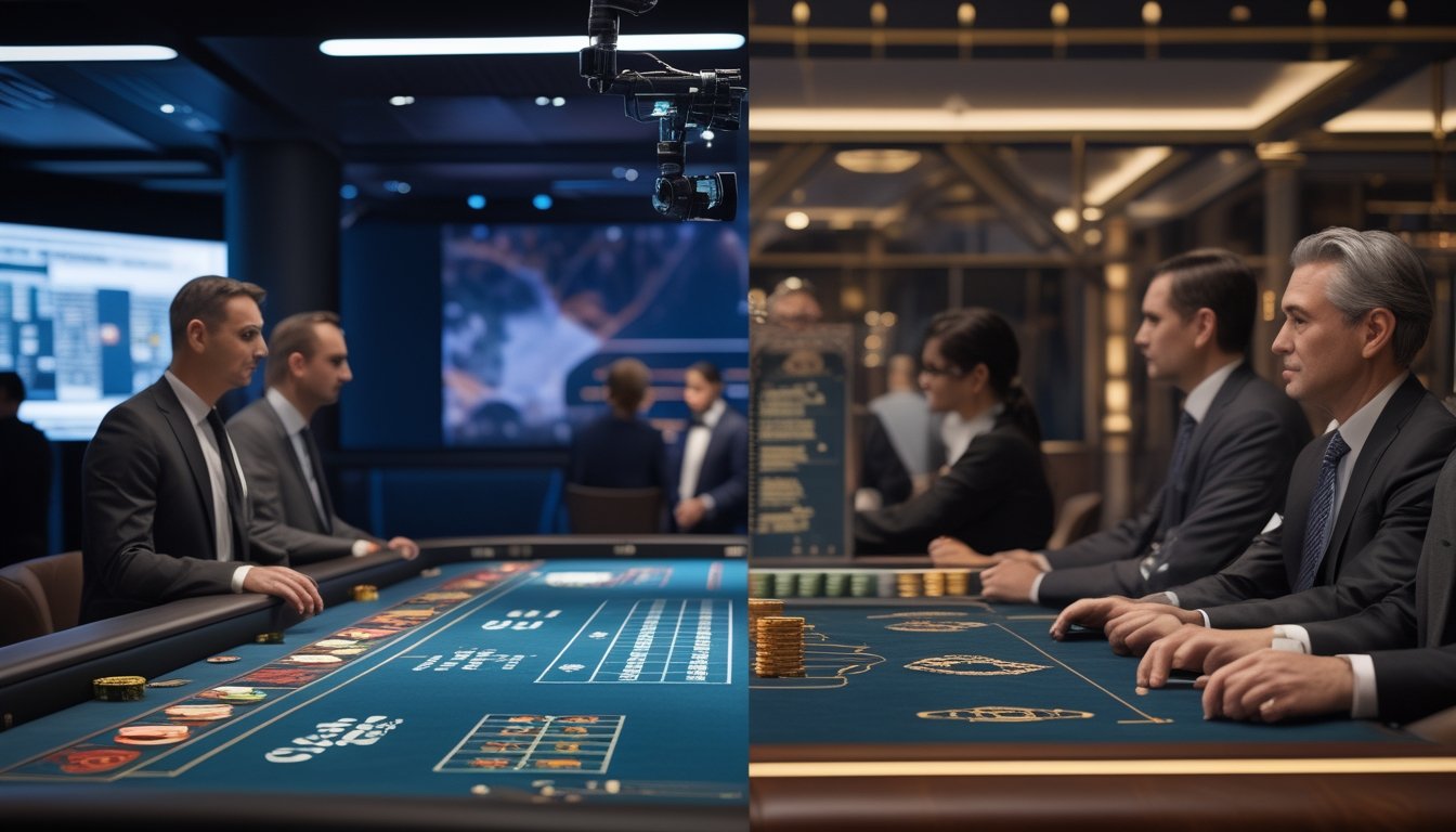 Dua meja baccarat dalam suasana kasino, satu bergaya modern dengan siaran langsung dan satu bergaya konvensional.