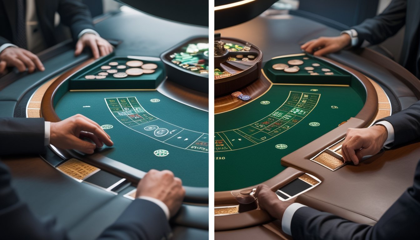 Dua meja baccarat berdampingan dengan dealer, kartu, dan keping taruhan dalam suasana kasino elegan.