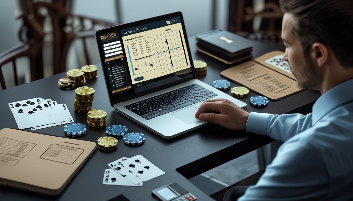 Seseorang menganalisis permainan baccarat daring dengan kartu, chip, kalkulator, dan catatan strategi di meja kerja.