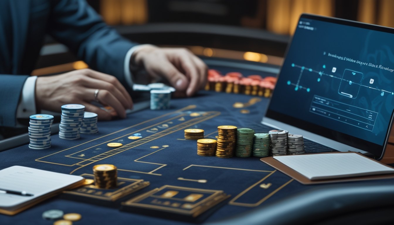 Meja baccarat modern dengan kartu, tumpukan chip, dan perangkat digital tanpa tulisan.