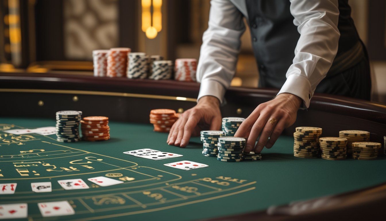 Meja baccarat dengan kartu, keping kasino, dan dealer di dalam ruang kasino yang elegan.
