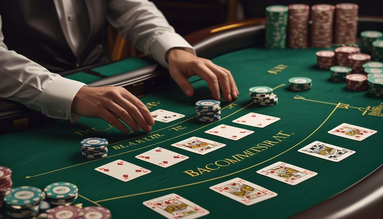 Meja baccarat dengan kartu, keping kasino, dan tangan dealer yang sedang mengatur permainan.