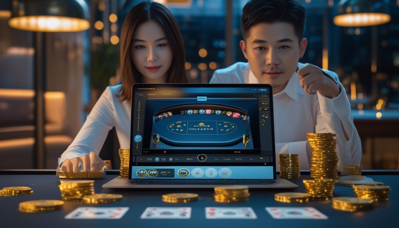 Dua orang dewasa melihat permainan baccarat digital di perangkat dengan kartu dan keping kasino di meja.
