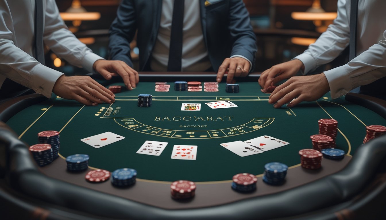 Meja baccarat dengan kartu, keping kasino, dan tangan dealer dalam suasana kasino modern.