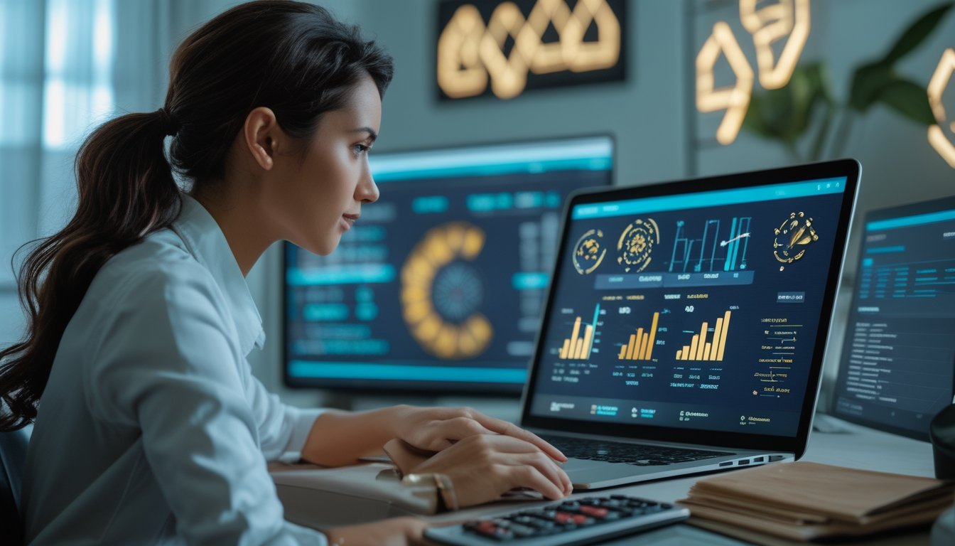 Seorang analis dewasa mempelajari grafik peluang, RTP, dan volatilitas permainan slot di ruang kerja modern.