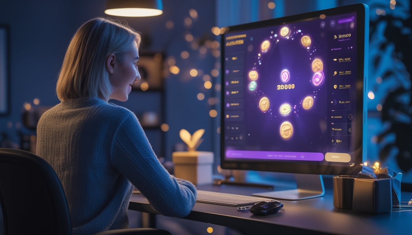 Orang dewasa menggunakan laptop dengan tampilan permainan digital bercahaya di ruang kerja modern, dihiasi kotak hadiah dan koin emas.