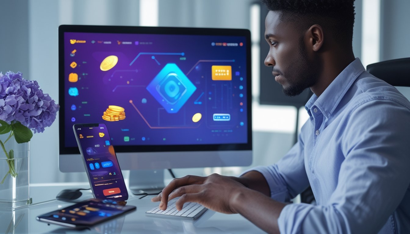 Orang dewasa menggunakan laptop dan ponsel dengan ikon pembayaran digital di ruang kerja modern.