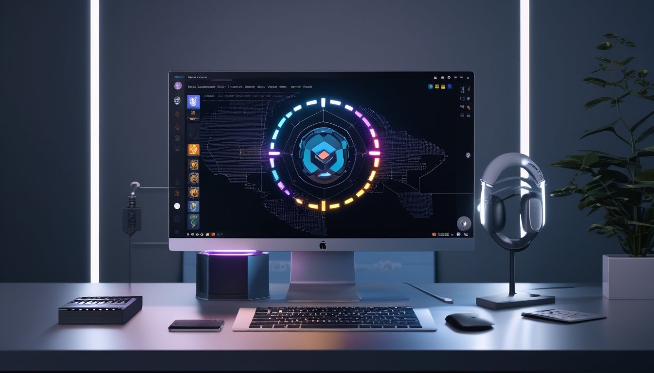 Ruang kerja modern dengan laptop dan ponsel yang menampilkan visual digital abstrak berwarna-warni.