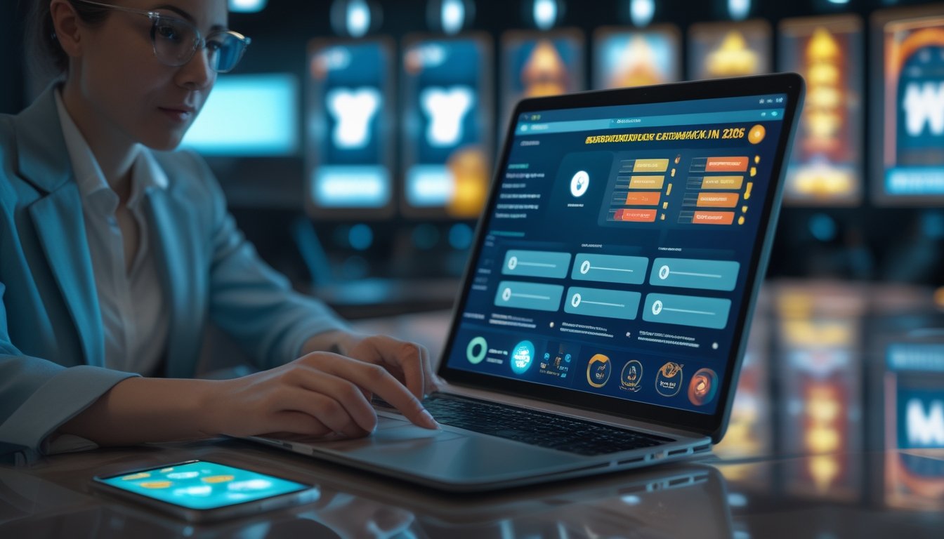 Analis dewasa memeriksa laptop dan tablet dengan tampilan keamanan digital serta perbandingan provider permainan online.