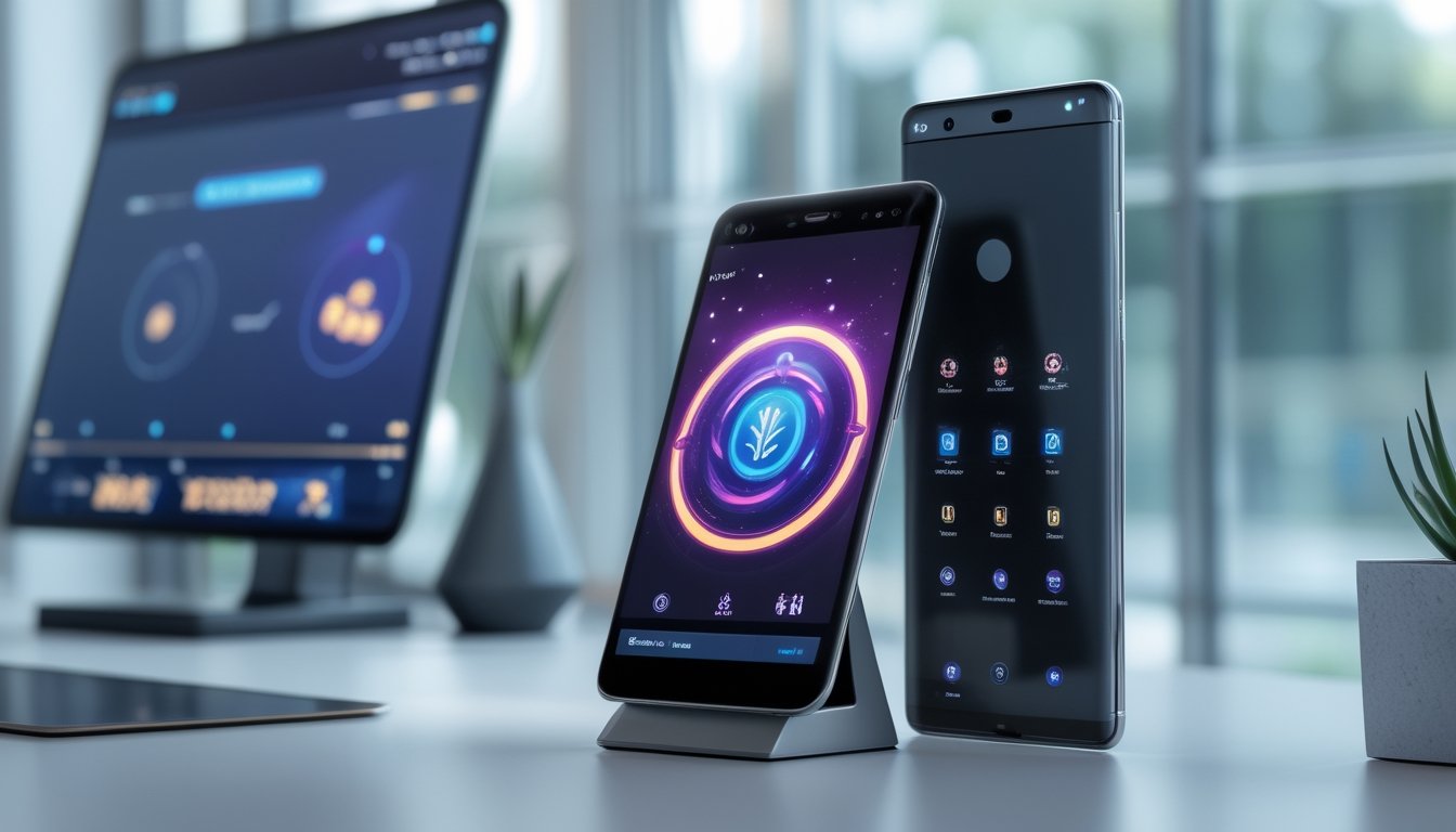 Dua ponsel pintar menampilkan antarmuka permainan digital berwarna-warni di atas meja modern.