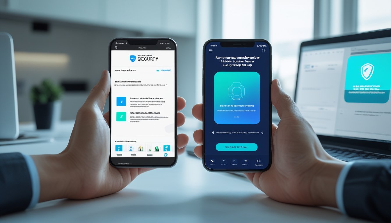 Dua ponsel modern diperiksa dalam lingkungan kerja keamanan digital.