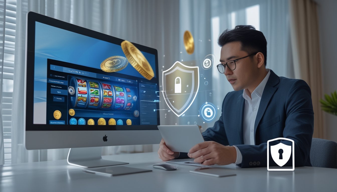 Seorang profesional meninjau laptop dan ponsel dengan simbol keamanan di meja kerja modern.