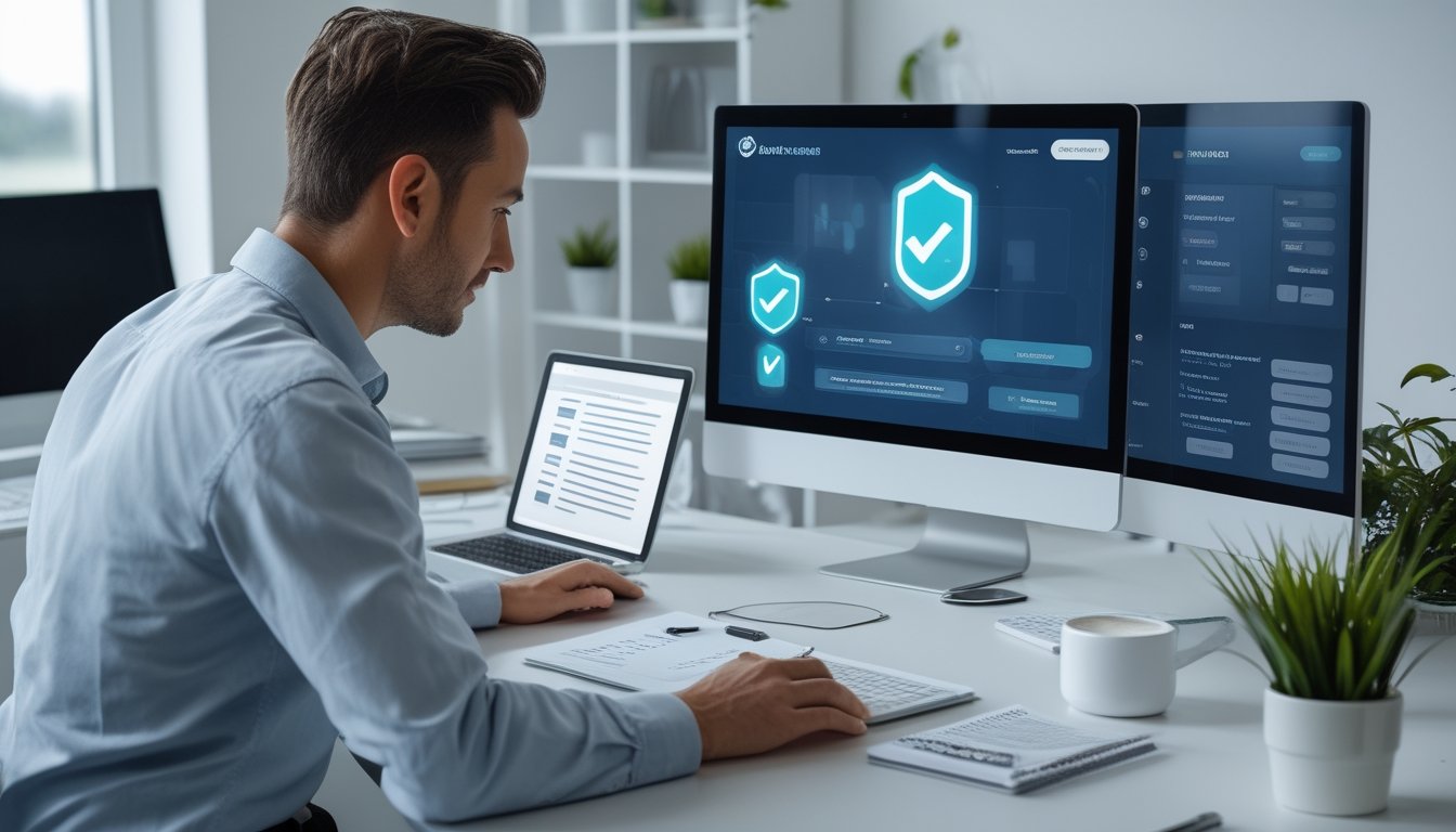 Seorang reviewer memeriksa keamanan platform digital di laptop dengan simbol perisai dan gembok.