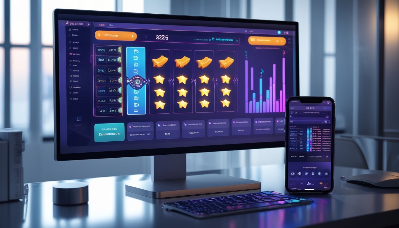 Komputer dan ponsel menampilkan antarmuka permainan digital abstrak dengan grafik warna-warni di meja kerja modern.