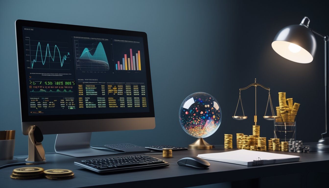 Meja kerja modern dengan grafik peluang abstrak, token permainan, kalkulator, dan elemen visual yang menggambarkan ketidakpastian.