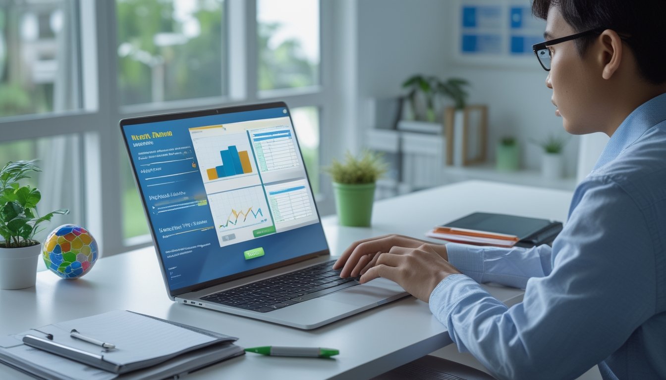 Seorang pemula mempelajari analisis angka dan probabilitas di meja kerja dengan laptop, kalkulator, dan buku catatan.