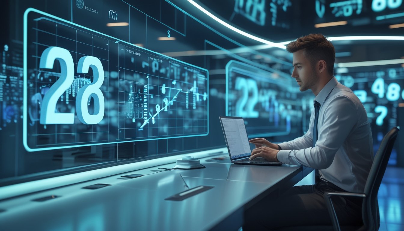 Seorang analis mengamati visualisasi data 3D futuristik pada layar transparan di ruang kerja modern.