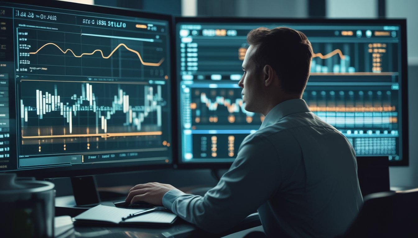 Seorang analis memeriksa grafik probabilitas dan pola angka abstrak pada layar komputer di ruang kerja modern.