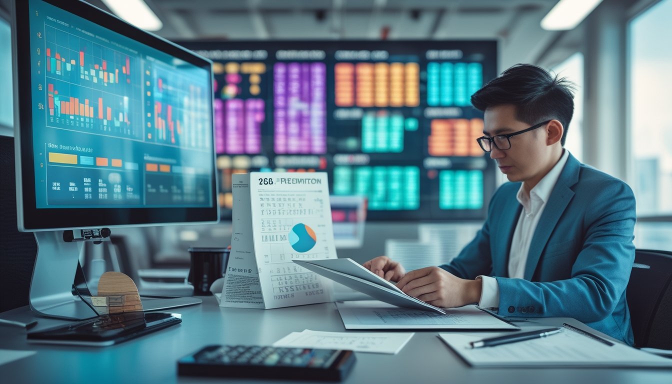 Seorang analis memeriksa grafik dan pola data pada perangkat digital di meja kerja modern.