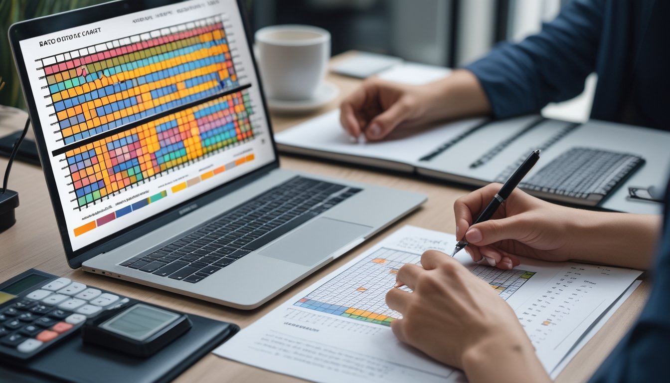 Seseorang menganalisis grafik berpola di meja kerja dengan laptop, catatan, kalkulator, dan alat tulis.
