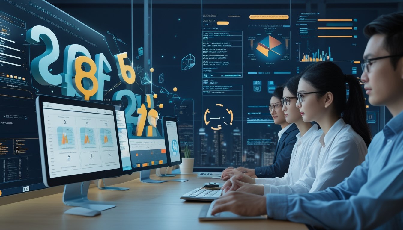 Tim profesional menganalisis visualisasi data angka tiga dimensi di ruang kerja digital.