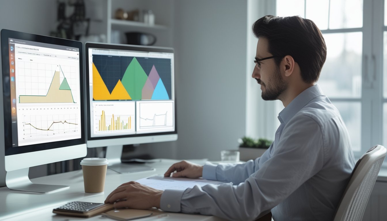 Seorang analis memeriksa pola data abstrak di komputer dalam ruang kerja modern.