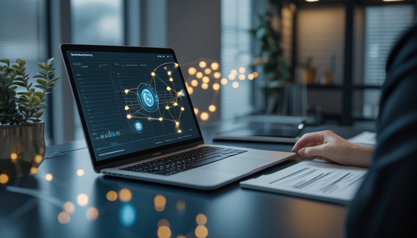 Meja kerja modern dengan laptop dan tablet yang menampilkan visualisasi data abstrak tiga dimensi.