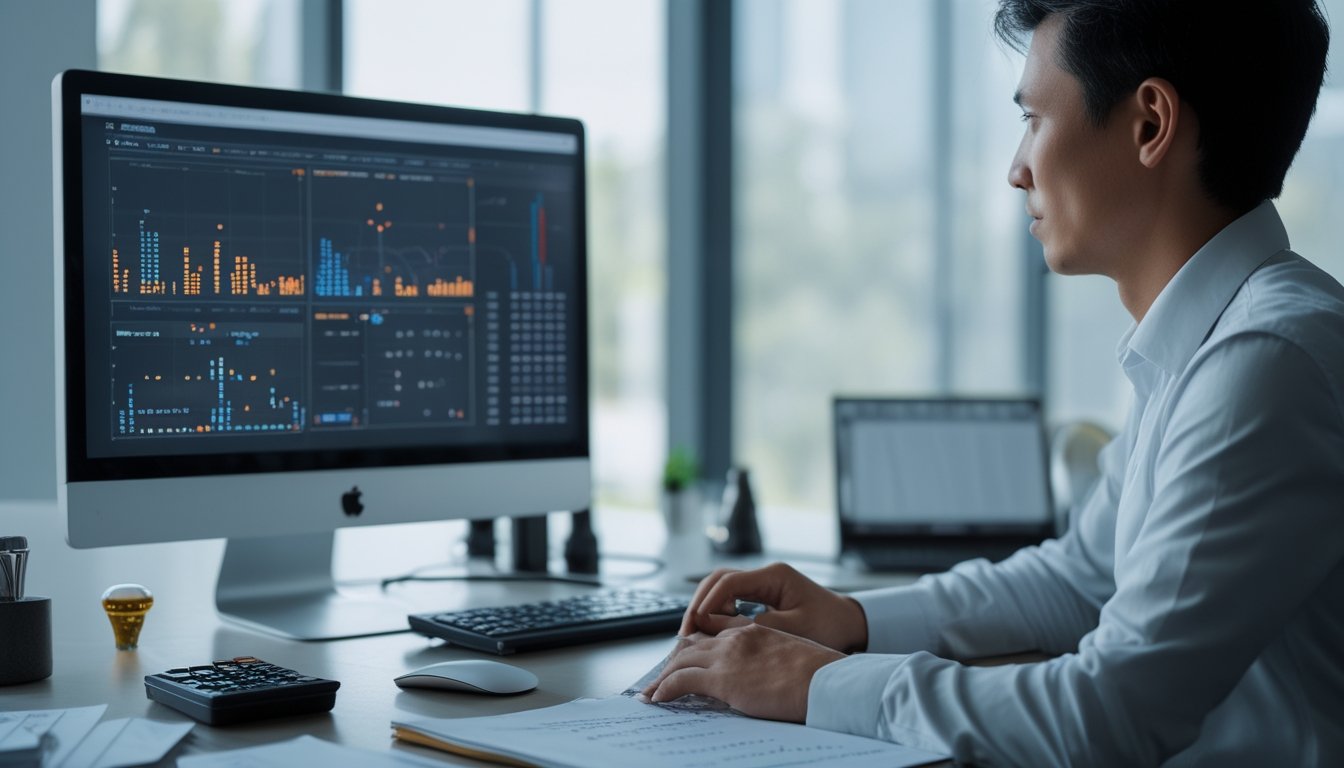 Analis sedang mengamati visualisasi data acak di meja kerja dengan bola undian dan kalkulator.