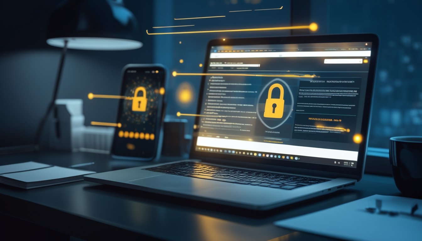 Laptop dengan tampilan forum daring yang diburamkan, dikelilingi simbol keamanan digital dan suasana kerja yang serius.