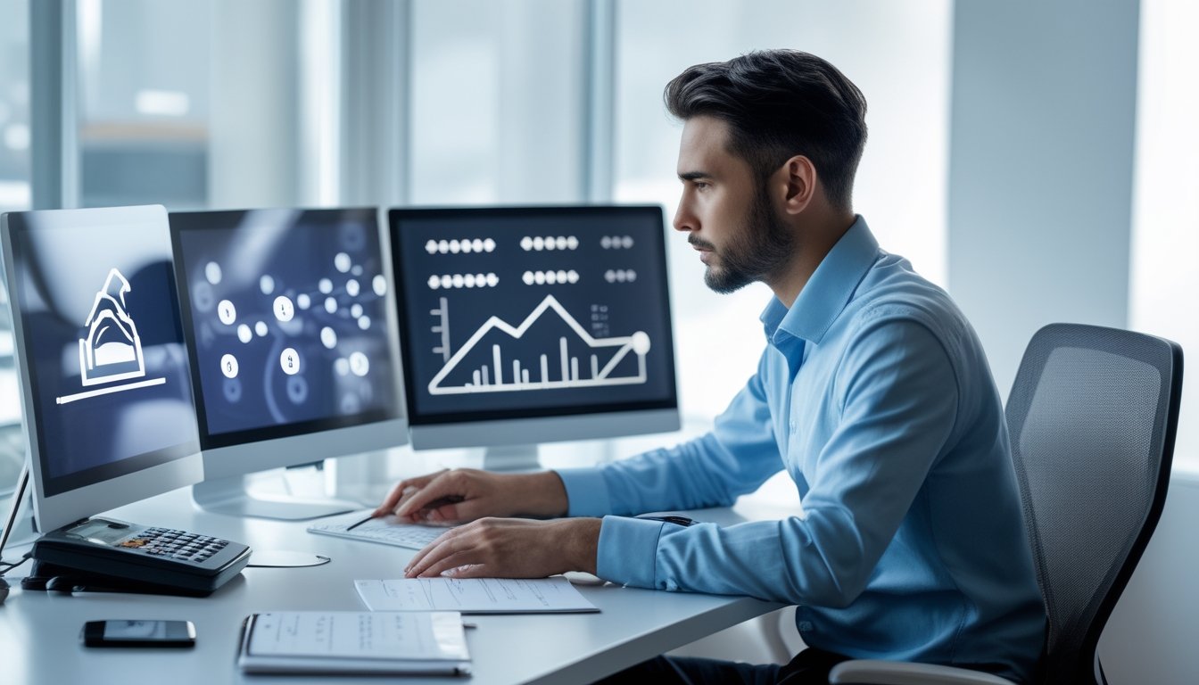 Seorang analis meninjau pola angka abstrak dan grafik probabilitas di meja kerja modern.
