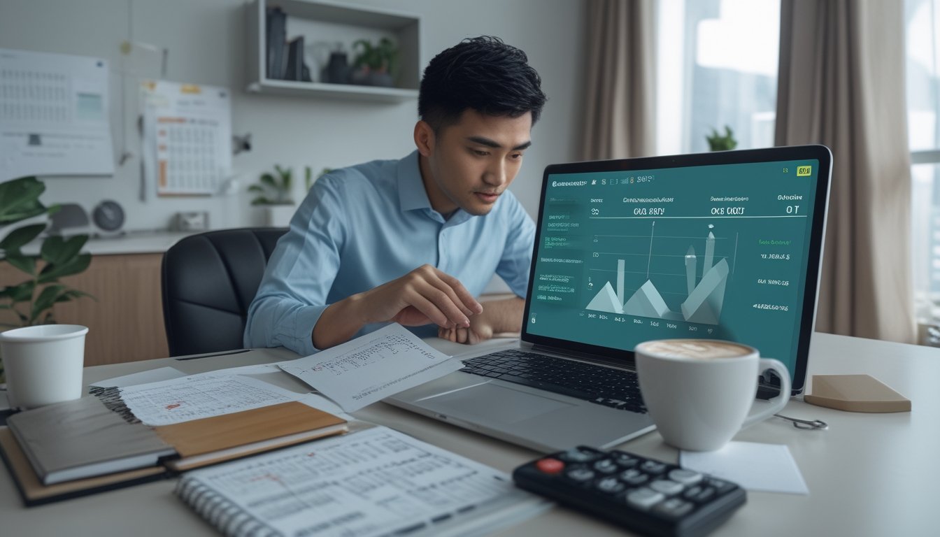 Seorang profesional meninjau data statistik dan anggaran risiko di ruang kerja modern.