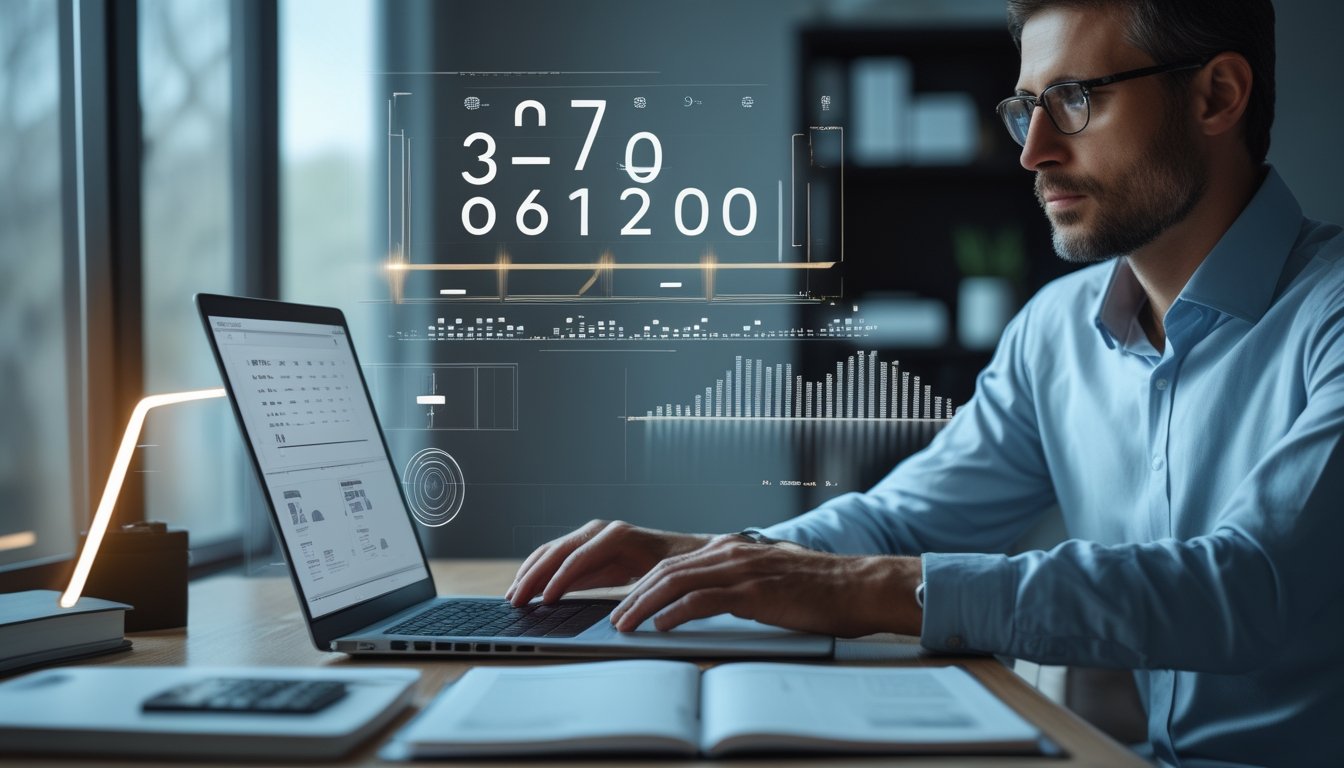 Seorang analis mempelajari pola angka dan grafik statistik di laptop pada meja kerja modern.