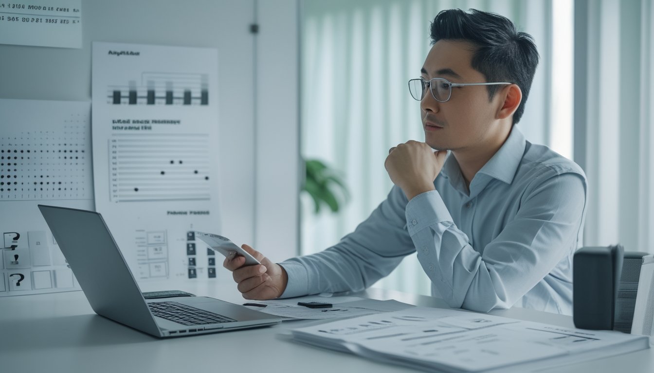 Seorang analis meninjau grafik probabilitas dan pola angka di meja kerja dengan ekspresi hati-hati.