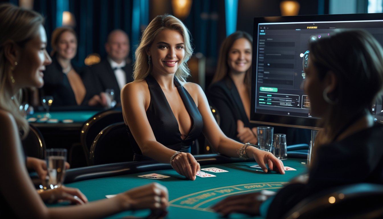 Dealer perempuan membagikan kartu di meja kasino dengan kamera dan layar siaran langsung di sekelilingnya.