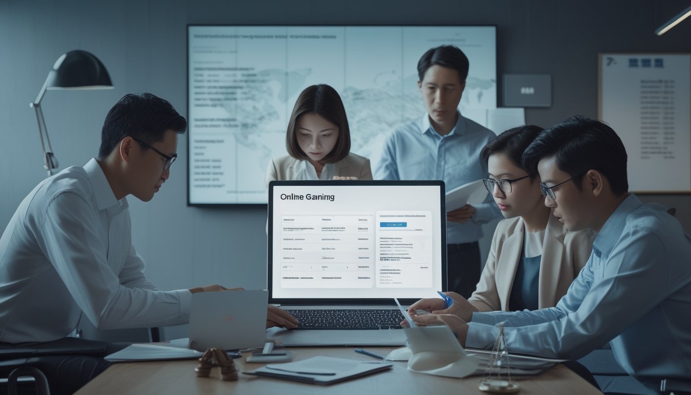 Tim analis hukum Asia meninjau dokumen regulasi dan dasbor kepatuhan perjudian daring di ruang kerja modern.