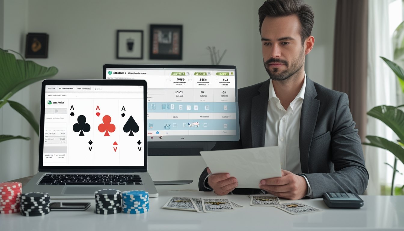 Orang dewasa merencanakan anggaran permainan poker daring di meja dengan laptop, kartu, chip poker, dan dompet digital.