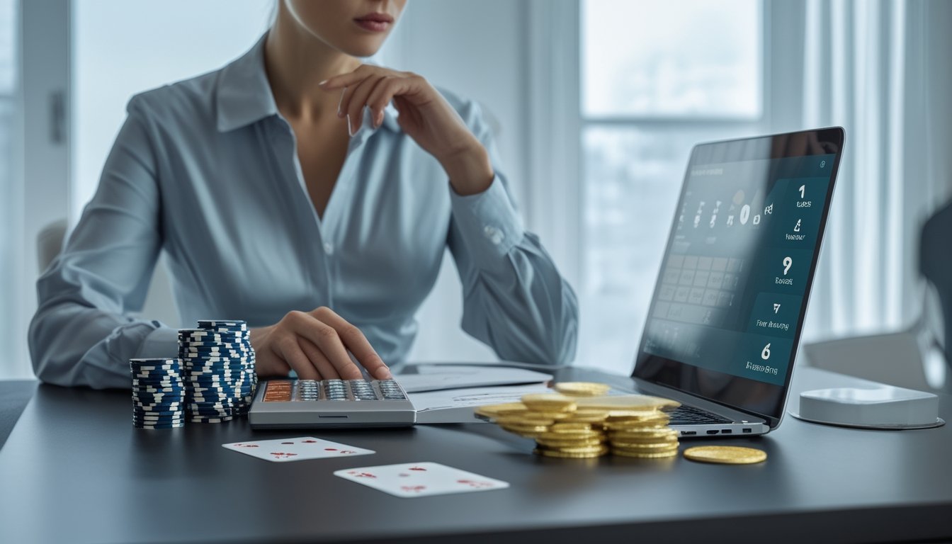 Orang dewasa merencanakan anggaran permainan kartu online dengan kalkulator, chip poker, kartu, dan buku catatan di meja kerja.