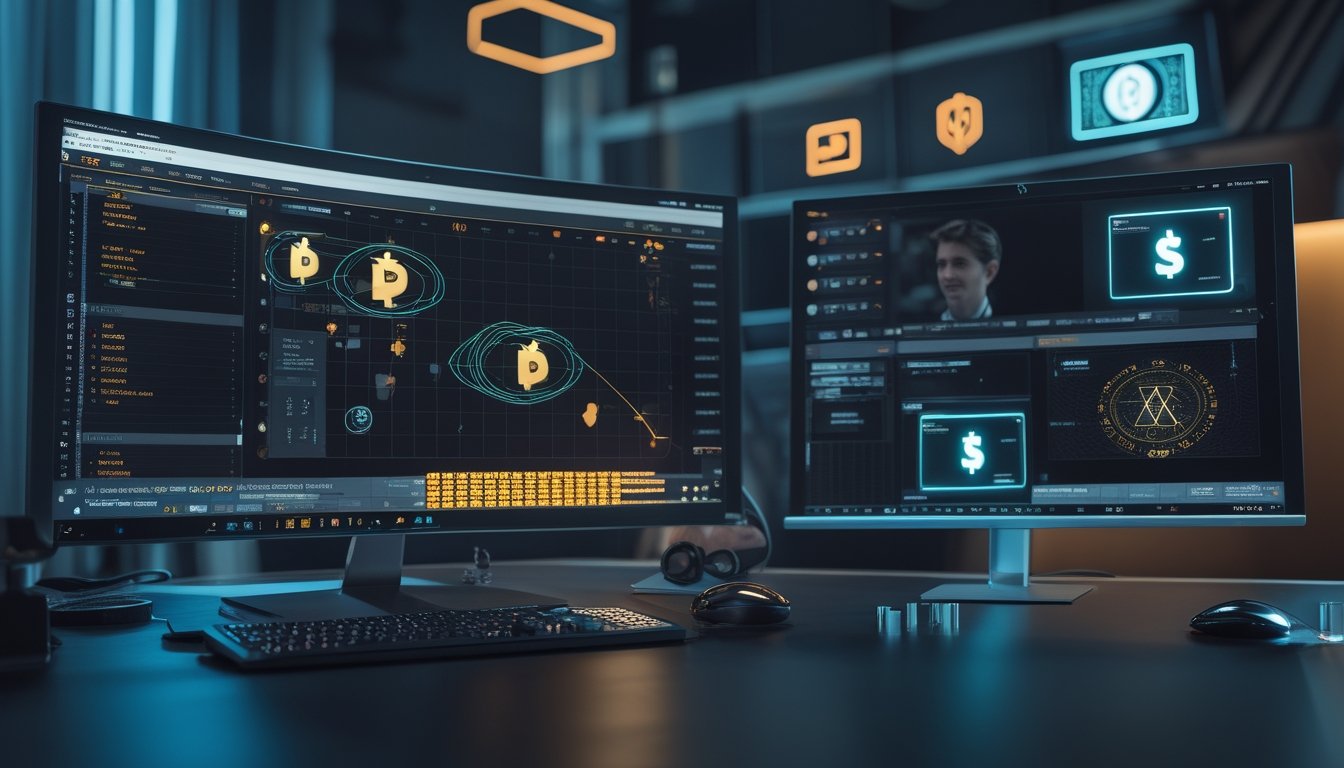 Meja analisis modern dengan kartu poker, chip, monitor digital abstrak, dan simbol cryptocurrency.
